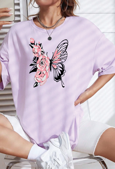 CAMISETA OVERSIZE DAMA GRAMAJE 260 (mariposa rosa)