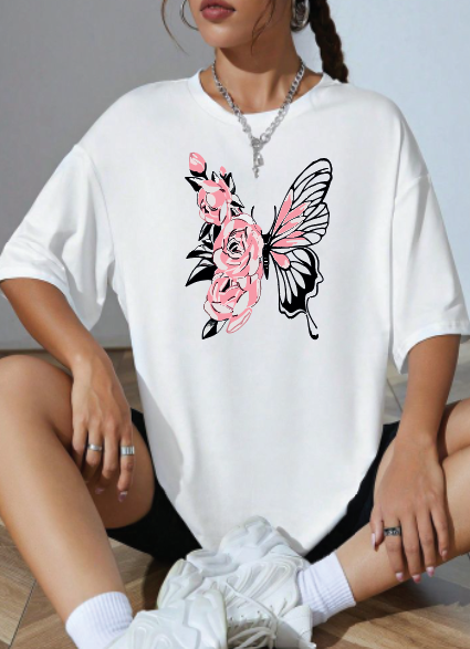 CAMISETA OVERSIZE DAMA GRAMAJE 260 (mariposa rosa)