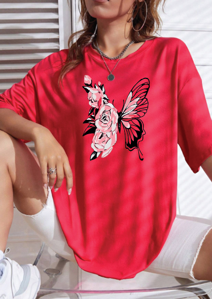 CAMISETA OVERSIZE DAMA GRAMAJE 260 (mariposa rosa)